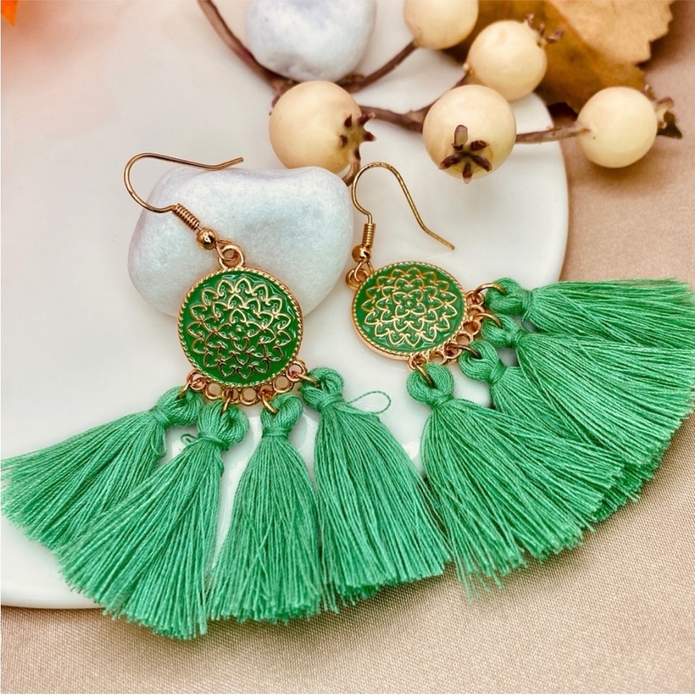 Urban Outfitters Green and Gold Tassel Earrings